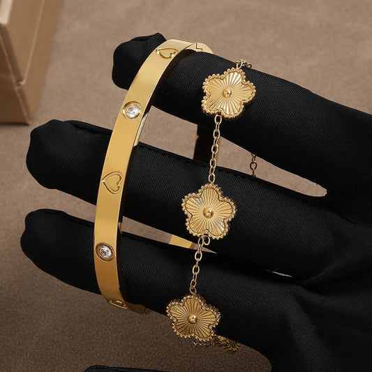 Love bracelet with golden flowers